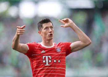 Bayern Munich's Polish forward Robert Lewandowski reacts after the German first division Bundesliga football match VfL Wolfsburg v Bayern Munich in Wolfsburg, northern Germany, on May 14, 2022. - DFL REGULATIONS PROHIBIT ANY USE OF PHOTOGRAPHS AS IMAGE SEQUENCES AND/OR QUASI-VIDEO (Photo by RONNY HARTMANN / AFP) / DFL REGULATIONS PROHIBIT ANY USE OF PHOTOGRAPHS AS IMAGE SEQUENCES AND/OR QUASI-VIDEO (Photo by RONNY HARTMANN/AFP via Getty Images)