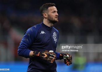 MILAN, ITALY - MARCH 12: Samir Ujkani of Empoli FC during the warm up prior to the Serie A match between AC Milan and Empoli FC at Stadio Giuseppe Meazza on March 12, 2022 in Milan, Italy. (Photo by Jonathan Moscrop/Getty Images)