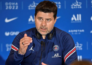 Paris Saint-Germain's head coach Mauricio Pochettino speaks at a press conference as part of the PSG Qatar Tour 2022 in Doha, capital of Qatar, May 15, 2022. (Photo by Nikku/Xinhua via Getty Images)