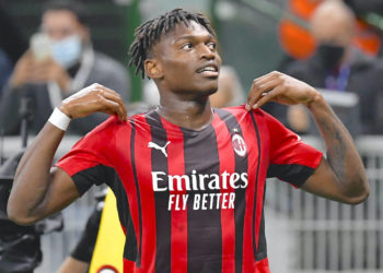 Rafael Leao of AC Milan celebrates after scoring the goal of 1-0 during the Uefa Champions League group B football match between AC Milan and Atletico Madrid at San Siro stadium in Milano Italy, September 28th, 2021. Photo Andrea Staccioli / Insidefoto andreaxstaccioli