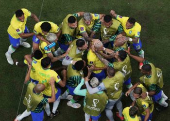 Teammates celebrate with Brazil's Richarlison after he scored his second goal during the World Cup group G soccer match between Brazil and Serbia, at the Lusail Stadium in Lusail, Qatar, Thursday, Nov. 24, 2022. (AP Photo/Thanassis Stavrakis)