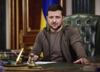 March 14, 2022, Kyiv, Ukraine: Ukrainian President Volodymyr Zelenskyy delivers an address marking the 19th day of the Russian invasion, March 15, 2022 in Kyiv, Ukraine. (Credit Image: Global Look Press/Keystone Press Agency)