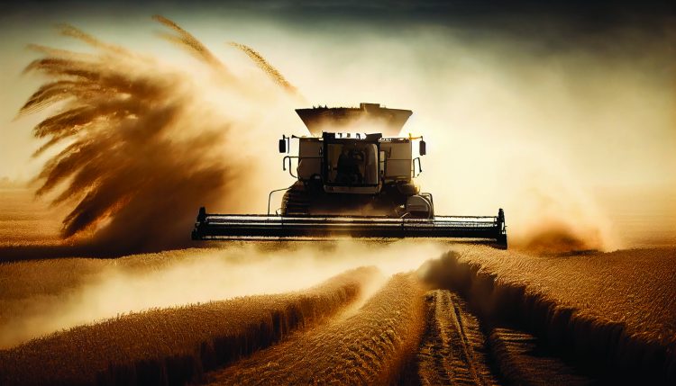 Agriculture machinery cutting the ripe wheat at sunset ,generative artificial intelligence