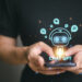 Chatbot Chat with AI, Artificial Intelligence. man using technology smart robot AI, artificial intelligence by enter command prompt for generates something, Futuristic technology transformation.