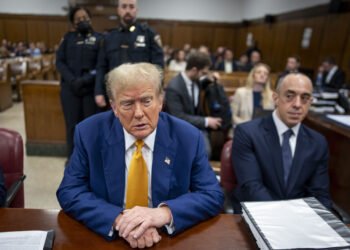 NEW YORK, NEW YORK - MAY 2: Former U.S. President Donald Trump attends his trial for allegedly covering up hush money payments at Manhattan Criminal Court on May 2, 2024 in New York City. Trump was charged with 34 counts of falsifying business records last year, which prosecutors say was an effort to hide a potential sex scandal, both before and after the 2016 presidential election. Trump is the first former U.S. president to face trial on criminal charges. (Photo by  Doug Mills-Pool/Getty Images)