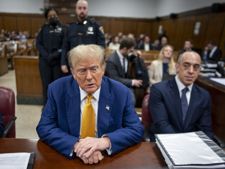 NEW YORK, NEW YORK - MAY 2: Former U.S. President Donald Trump attends his trial for allegedly covering up hush money payments at Manhattan Criminal Court on May 2, 2024 in New York City. Trump was charged with 34 counts of falsifying business records last year, which prosecutors say was an effort to hide a potential sex scandal, both before and after the 2016 presidential election. Trump is the first former U.S. president to face trial on criminal charges. (Photo by  Doug Mills-Pool/Getty Images)