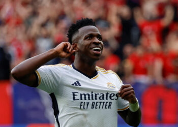 FILE PHOTO: Soccer Football - LaLiga - Osasuna v Real Madrid - El Sadar Stadium, Pamplona, Spain - March 16, 2024 Real Madrid's Vinicius Junior celebrates scoring their fourth goal REUTERS/Vincent West/File Photo