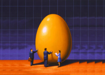 Businesspeople with Large Egg in Front of Grid --- Image by © Images.com/Corbis