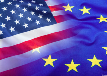 Flags of the USA and the European Union. American Flag and EU Flag. Flag inside stars. World flag concept.