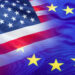 Flags of the USA and the European Union. American Flag and EU Flag. Flag inside stars. World flag concept.