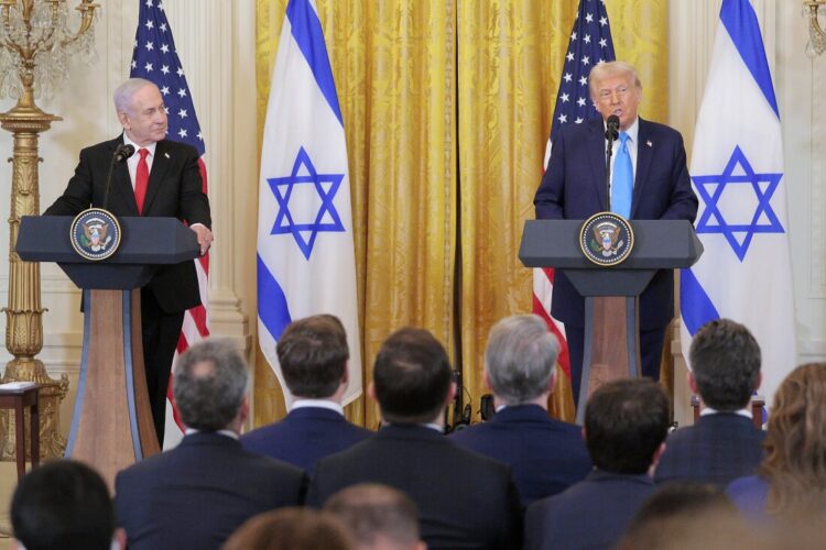 WASHINGTON, DC - FEBRUARY 04: Israeli Prime Minister Benjamin Netanyahu and U.S. President Donald Trump speak during a joint press conference in the East Room of the White House on February 04, 2025 in Washington, DC. Netanyahu is the first foreign leader to visit Trump since he returned to the White House last month. (Photo by Chip Somodevilla/Getty Images)