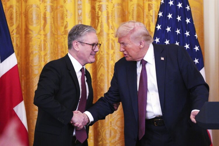 Britain's Prime Minister Keir Starmer, left, and U.S. President Donald Trump shake hands at a joint press conference in the East Room at the White House Thursday, Feb. 27, 2025, in Washington. (Carl Court/Pool Photo via AP) Mass Image Compressor Compressed this image. https://sourceforge.net/projects/icompress/ with Quality:80