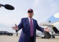 President Donald Trump speaks to reporters after arriving on Air Force One, Tuesday, June 10, 2025, at Joint Base Andrews, Md. (AP Photo/Alex Brandon)