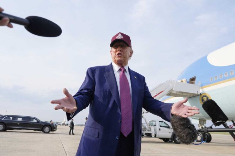 President Donald Trump speaks to reporters after arriving on Air Force One, Tuesday, June 10, 2025, at Joint Base Andrews, Md. (AP Photo/Alex Brandon)