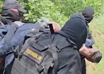 Serbian security forces detain Kosovo police officers in a location given as near Gnjilica, Serbia June 14, 2023 in this screengrab obtained from a handout video. MINISTRY OF INTERNAL AFFAIRS OF SERBIA/via REUTERS  THIS IMAGE HAS BEEN SUPPLIED BY A THIRD PARTY. MANDATORY CREDIT. NO RESALES. NO ARCHIVES. REUTERS WAS NOT ABLE TO INDEPENDENTLY VERIFY THE LOCATION OF THE VIDEO