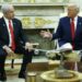 WASHINGTON, DC - APRIL 07: U.S. President Donald Trump (R) speaks alongside Israeli Prime Minister Benjamin Netanyahu with a model of Air Force One on the table, during a meeting in the Oval Office of the White House on April 7, 2025 in Washington, DC. President Trump is meeting with Netanyahu to discuss ongoing efforts to release Israeli hostages from Gaza and newly imposed U.S. tariffs. (Photo by Kevin Dietsch/Getty Images)