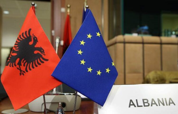 BRUSSELS, BELGIUM - NOVEMBER 15: Albanian National Flag and European Union flag are seen as High Representative of the European Union (EU) for Foreign Affairs and Security Policy and Vice-President of the European Council Federica Mogherini (not seen) and Albanian Foreign Minister Ditmir Bushati (not seen) attend a meeting of EU - Albania Stabilisation and Association Council in Brussels, Belgium on November 15, 2017. (Photo by Dursun Aydemir/Anadolu Agency/Getty Images)
