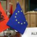 BRUSSELS, BELGIUM - NOVEMBER 15: Albanian National Flag and European Union flag are seen as High Representative of the European Union (EU) for Foreign Affairs and Security Policy and Vice-President of the European Council Federica Mogherini (not seen) and Albanian Foreign Minister Ditmir Bushati (not seen) attend a meeting of EU - Albania Stabilisation and Association Council in Brussels, Belgium on November 15, 2017. (Photo by Dursun Aydemir/Anadolu Agency/Getty Images)