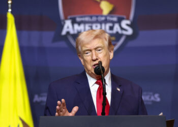 U.S. President Donald Trump speaks at the "Shield of the Americas" Summit in Miami, Florida, U.S., March 7, 2026. REUTERS/Kevin Lamarque