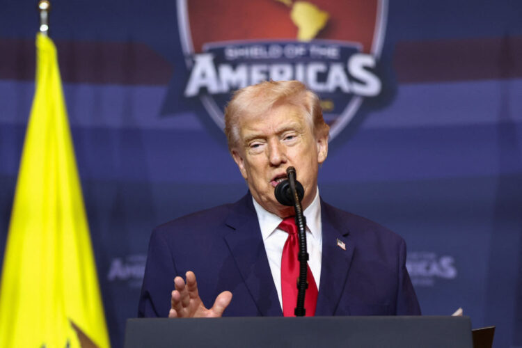 U.S. President Donald Trump speaks at the "Shield of the Americas" Summit in Miami, Florida, U.S., March 7, 2026. REUTERS/Kevin Lamarque
